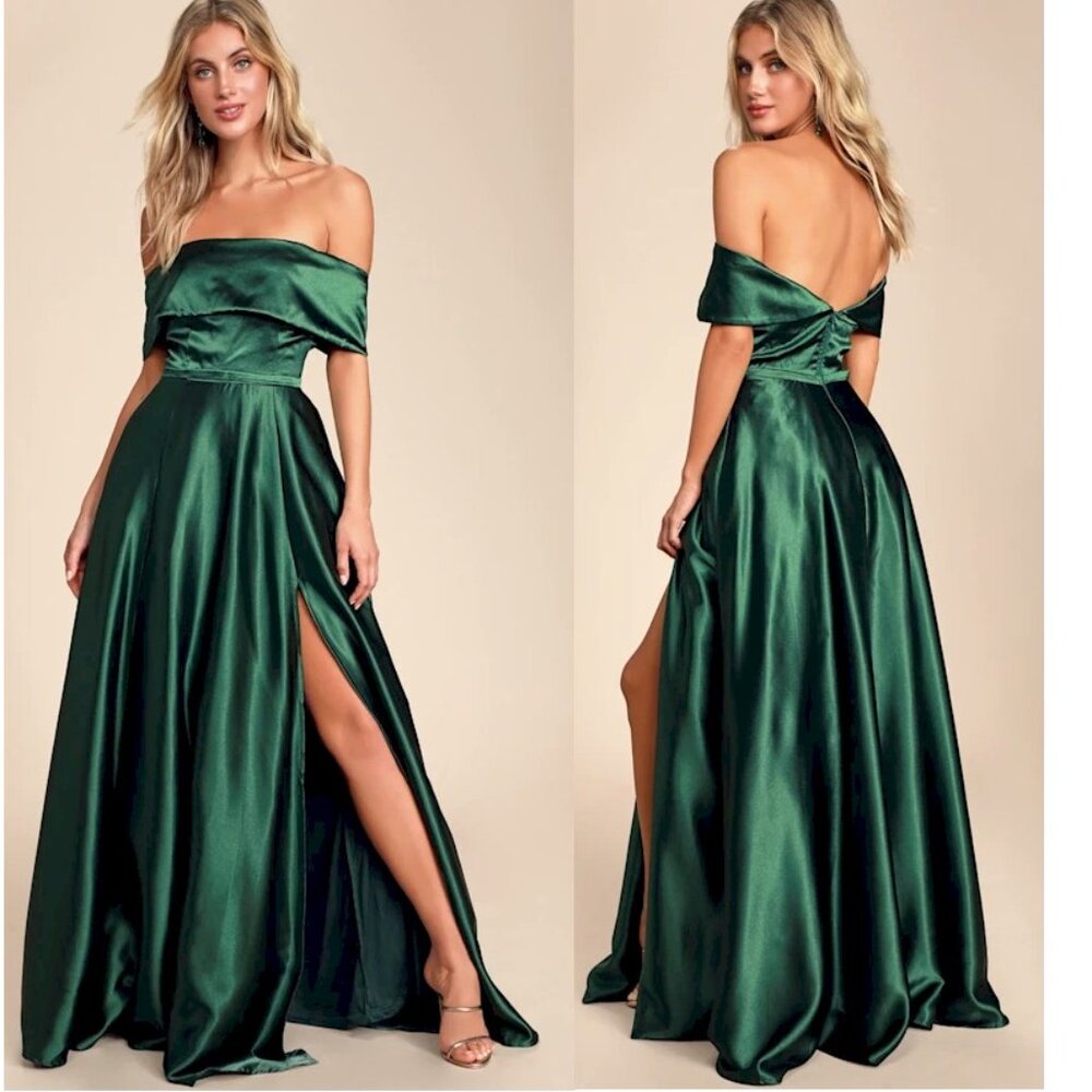 Lulu's Emerald Green Off-Shoulder Satin Maxi Dress